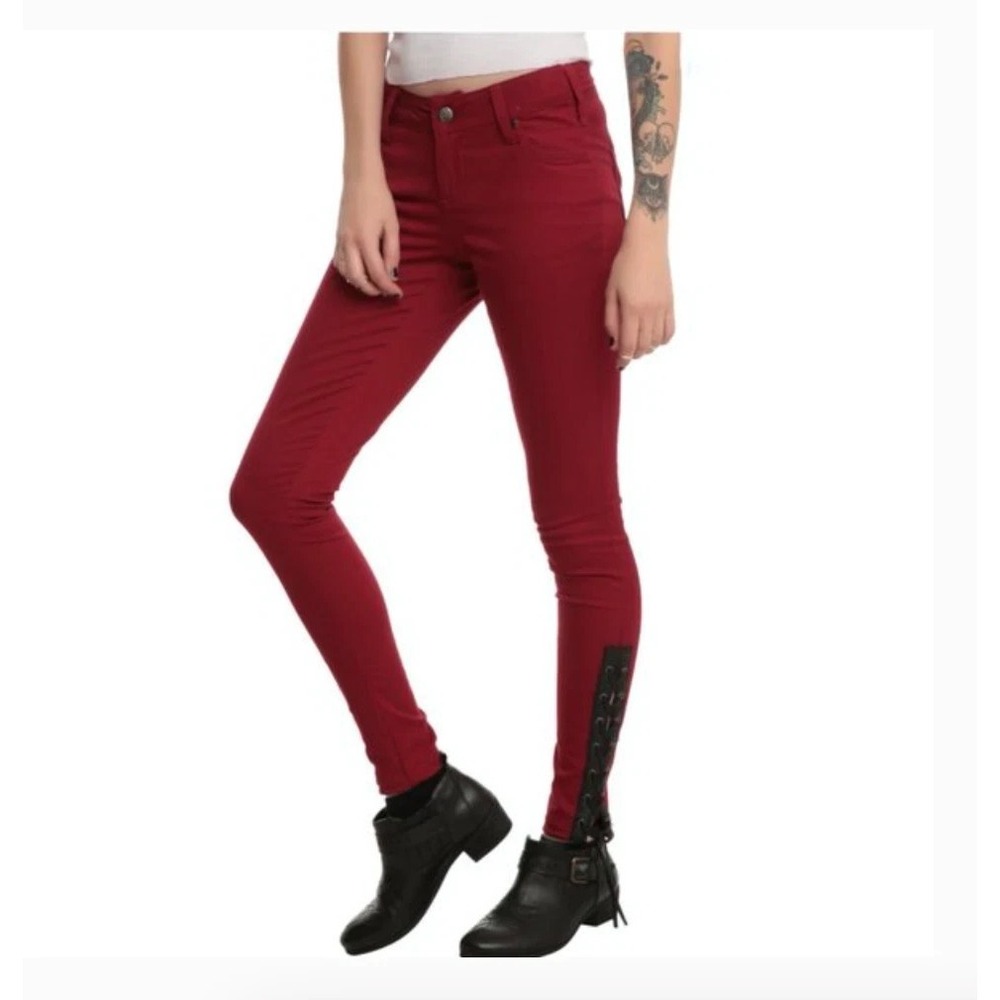 TRIPP NYC Joan Jett Jeans Womens Size 11 Red Cotton Lace Up Ankle Gothic Rock